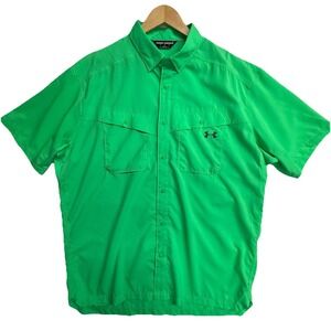 Under Armour Fishing Shirt XL Green Button Up Vent Short Sleeve Logo